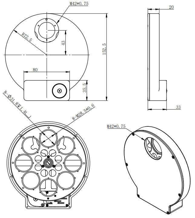 Motorized filter wheel 8 positions EFW ZWO for astronomy - ZWO