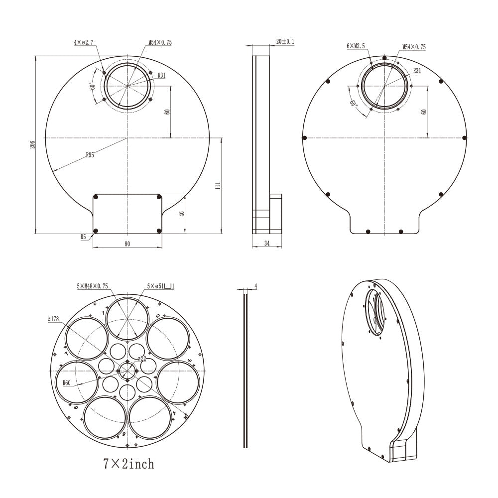 Elektroniczny koło filtrów AFW-L 7×2″ (50,8 mm) – kompatybilne z pełnoklatkowymi kamerami DSO i innymi czujnikami – do astronomii - ToupTek Astro