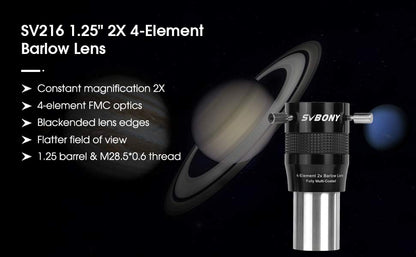 Barlow 2x 4-éléments pour l'observation planétaire et la photographie - SVBONY