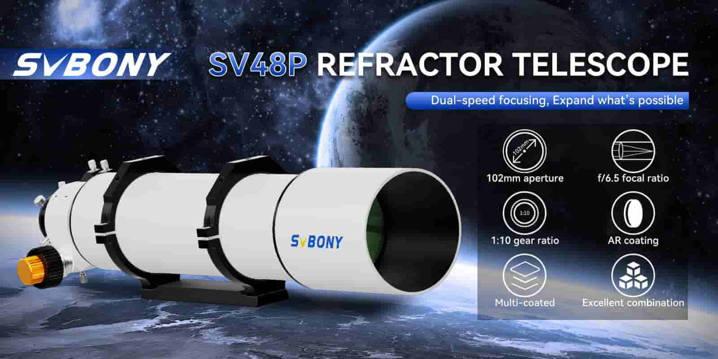 SVBONY SV48P 102mm f/6.5 Telescopio refractor acromático con enfoque de doble velocidad