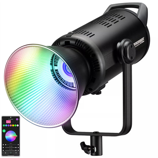 Llum LED COB RGB 180W BR-180RGB – mode CCT, RGBCW/HSI, Bowens, DMX512 – control Bluetooth - BRESSER