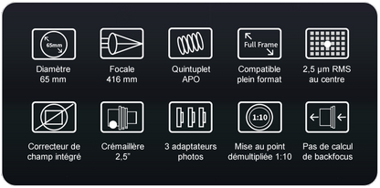 Lunette ZWO FF65 APO quintuplet pour l’imagerie du ciel profond - 65 mm F/6,4, 416 mm, cercle image 44 mm - pour l’astronomie - ZWO