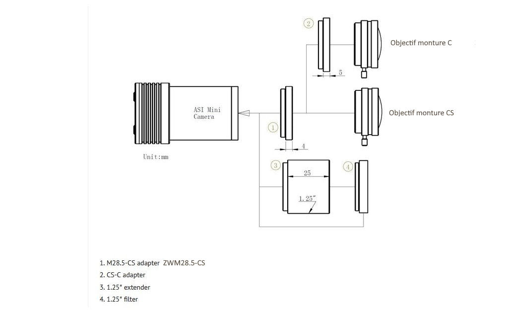 Adaptateur ZWO M28,5 vers CS – 4 mm d’épaisseur – pour l’astronomie