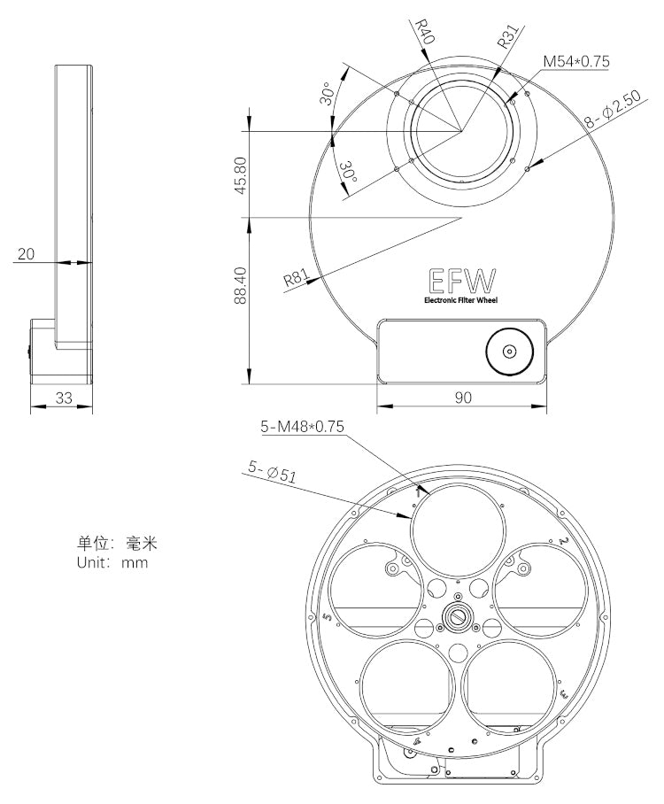 Roue à filtres motorisée ZWO EFW 5 positions 5x50,8 mm - ZWO