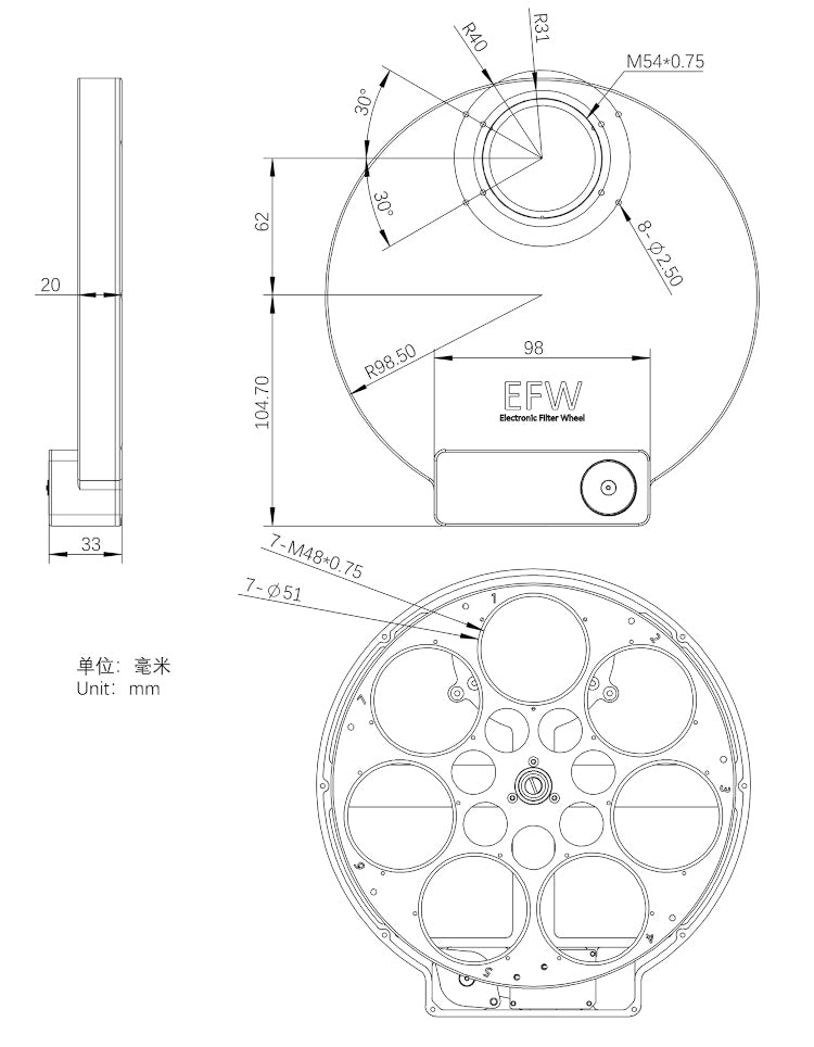 Roue À Filtres EFW ZWO 7 Posities 7x50,8mm - ZWO