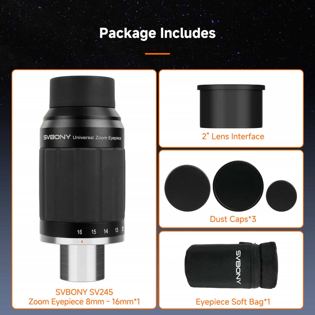 Oculaire Zoom SV245 8-16mm FOV 63° Parfocal & ClickStop pour l'astronomie - SVBONY