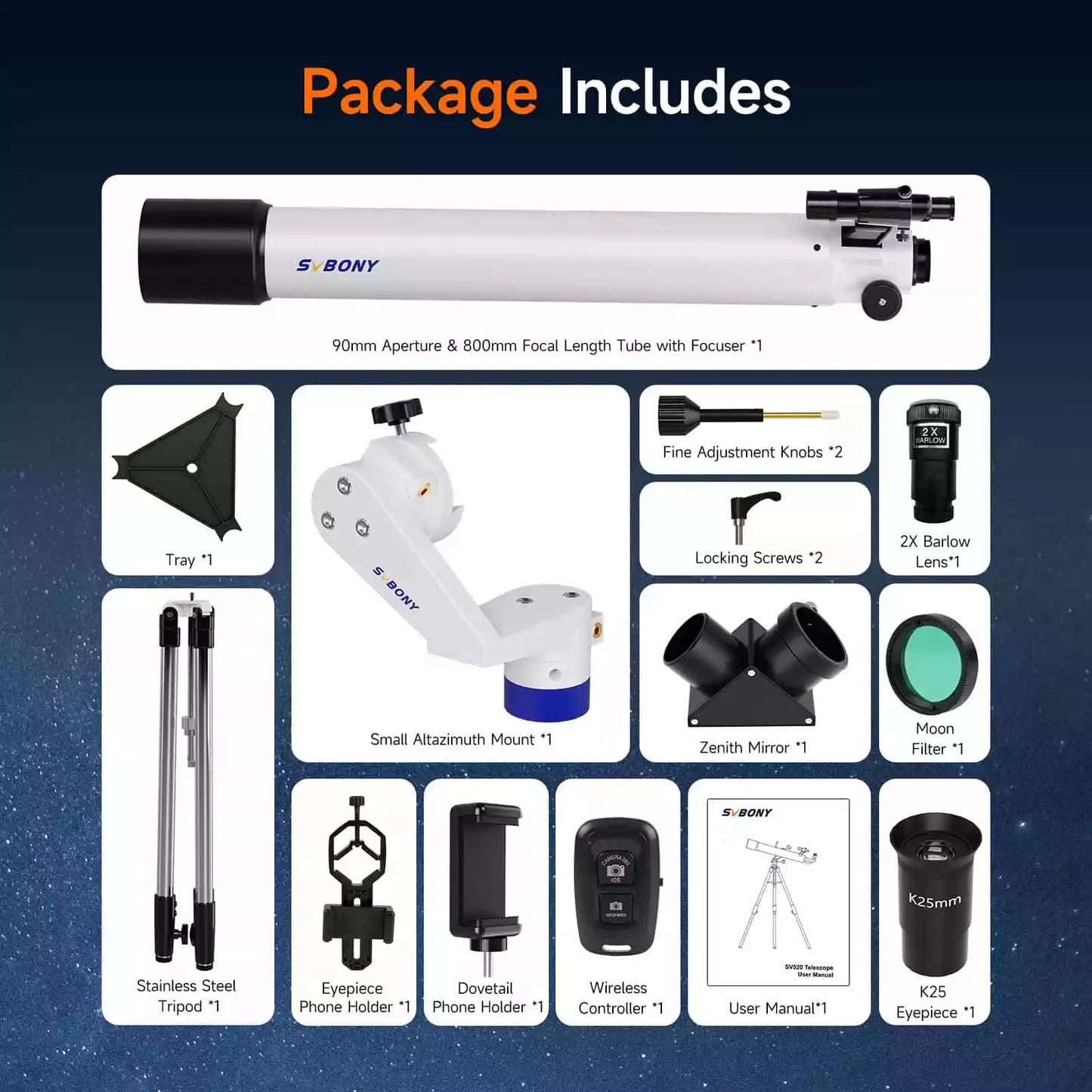 Telescopio completo SV520 90mm f/8.9 per principianti con accessori - Svbony