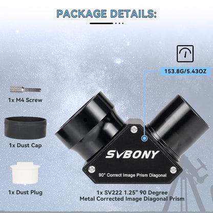 SVBONY SV222 - Diagonal with 90-degree erecting prisms 1.25 inches with anti-reflective metal coating for refractor telescope