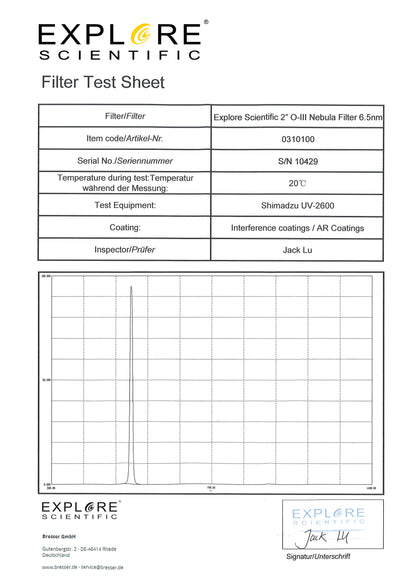 Filtre pour Nébuleuse O-III 2" 6.5nm - Explore Scientific