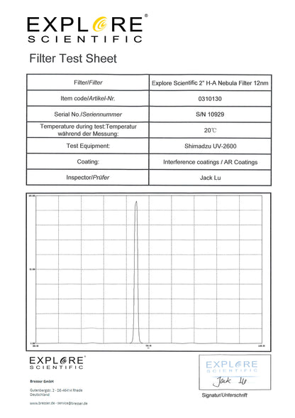 Filtre H-Alpha 2" 12nm pour Astrophotographie - Explore Scientific